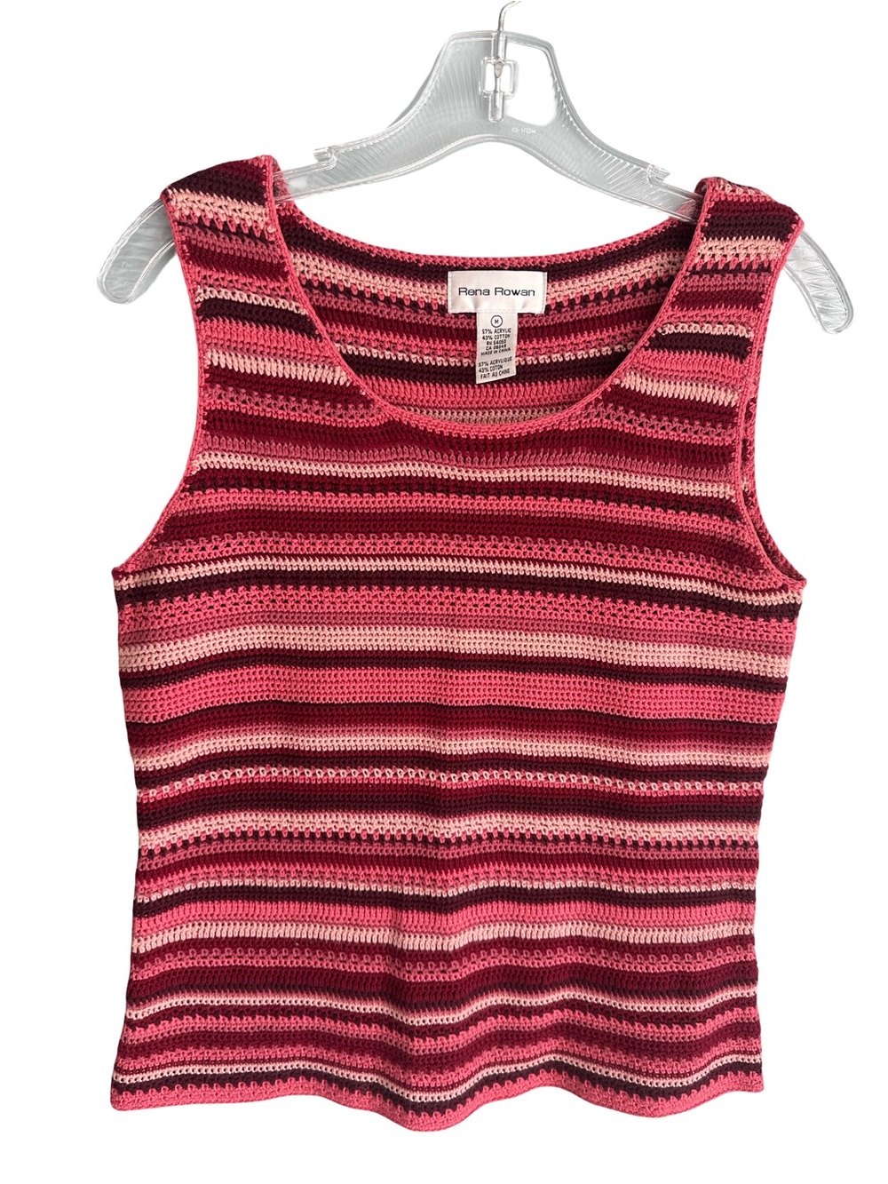 Vintage Y2K Rena Rowan Striped Crochet Knit Scoop Neck Tank Pink Burgundy Taupe